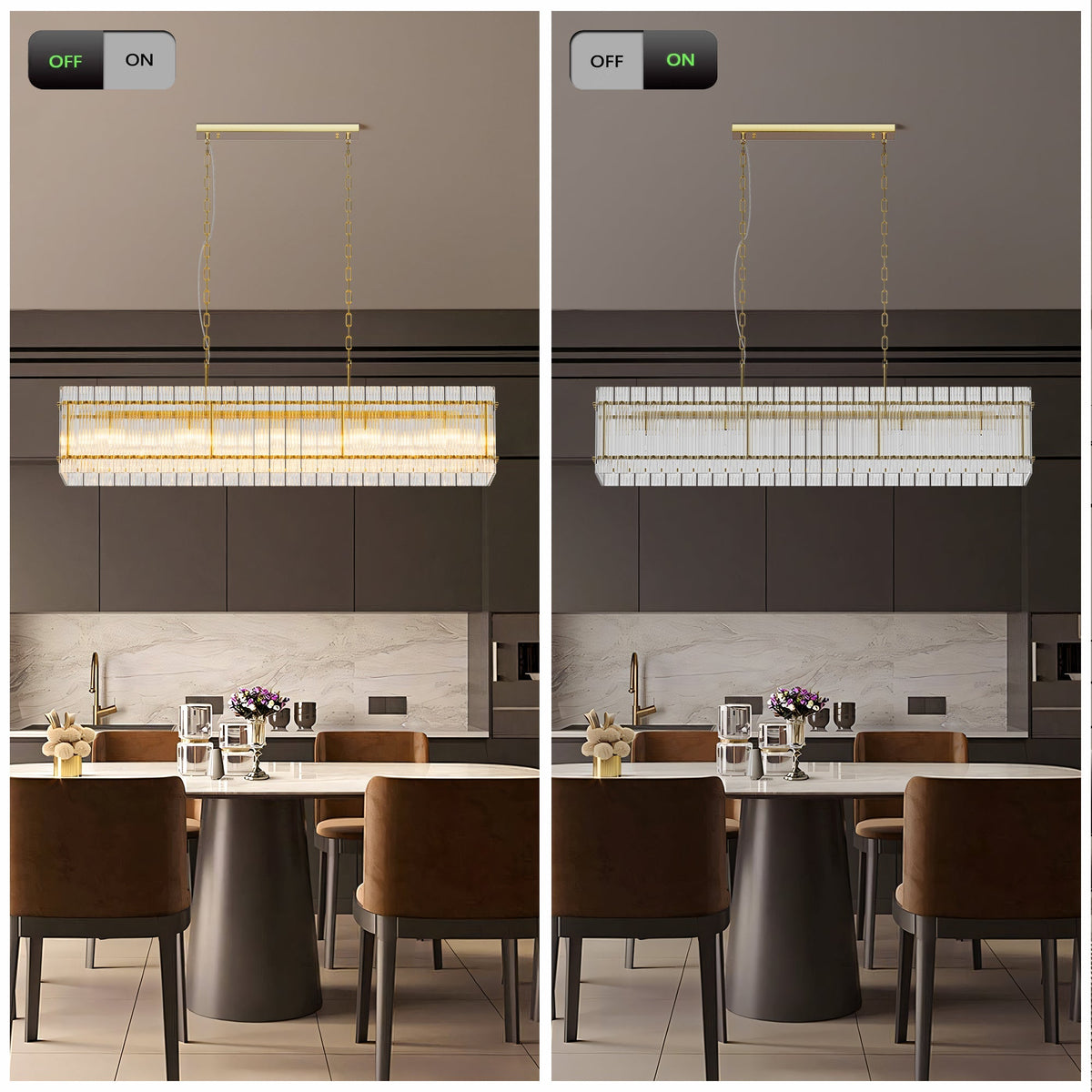 Modern Rectangular Crystal Glass 10-Light Chandelier