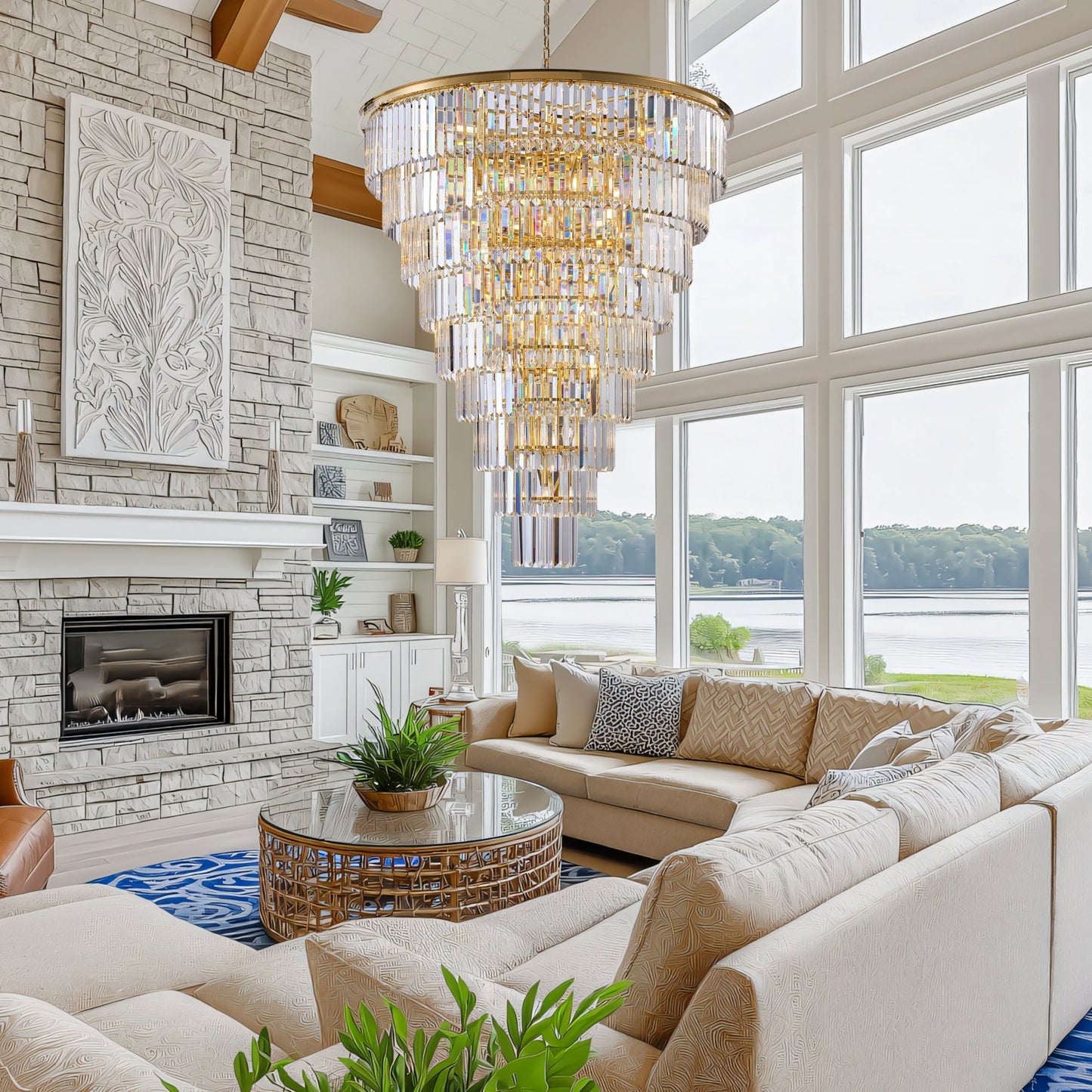 48-Inch Gold Tiered Crystal Tube Chandelier