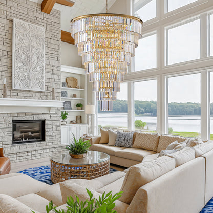 48-Inch Gold Tiered Crystal Tube Chandelier