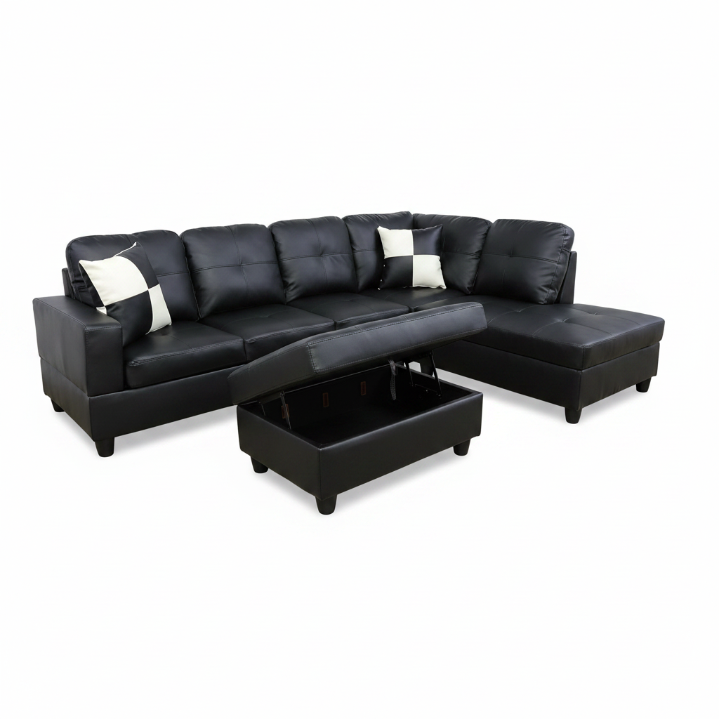 Noir Tufted Faux Leather L-Shaped Sectional with Chaise & Ottoman
