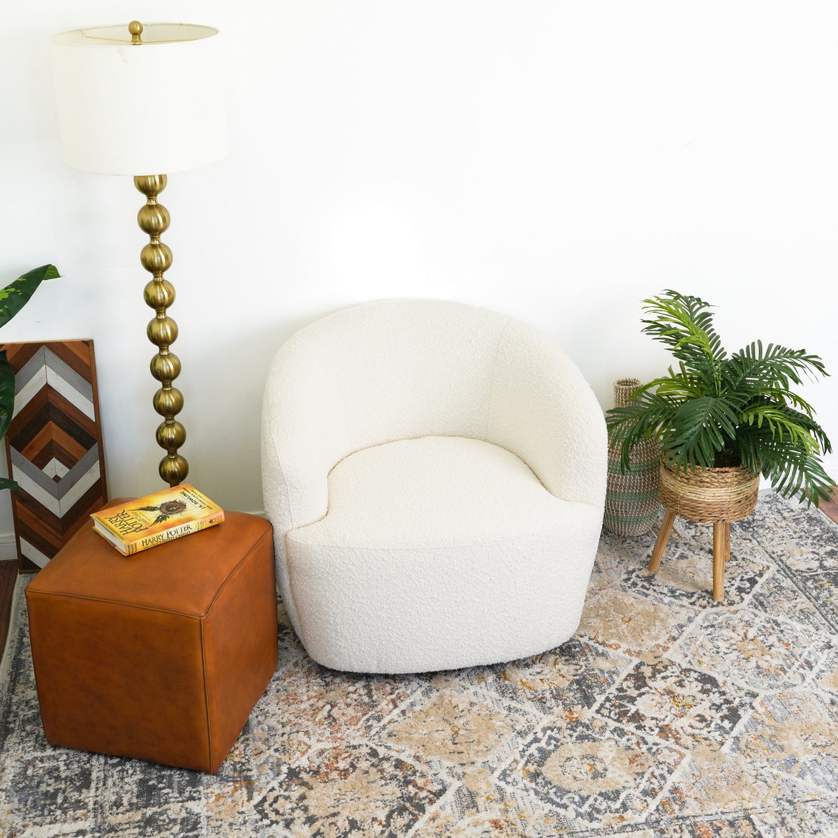 Teddy Boucle Accent Chair with Swivel Base - White