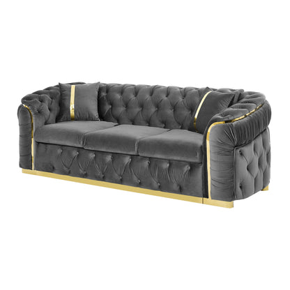 Button Tufted Couch With 2 Pillows, 3 Seater Luxury Chesterfield Sofa