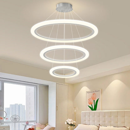 Modern LED Chandelier 3 Ring Chandelier for Dining Room Living Room Pendant Lighting High Ceiling Hanging Light Fixture for Bedroom Foyer Silver