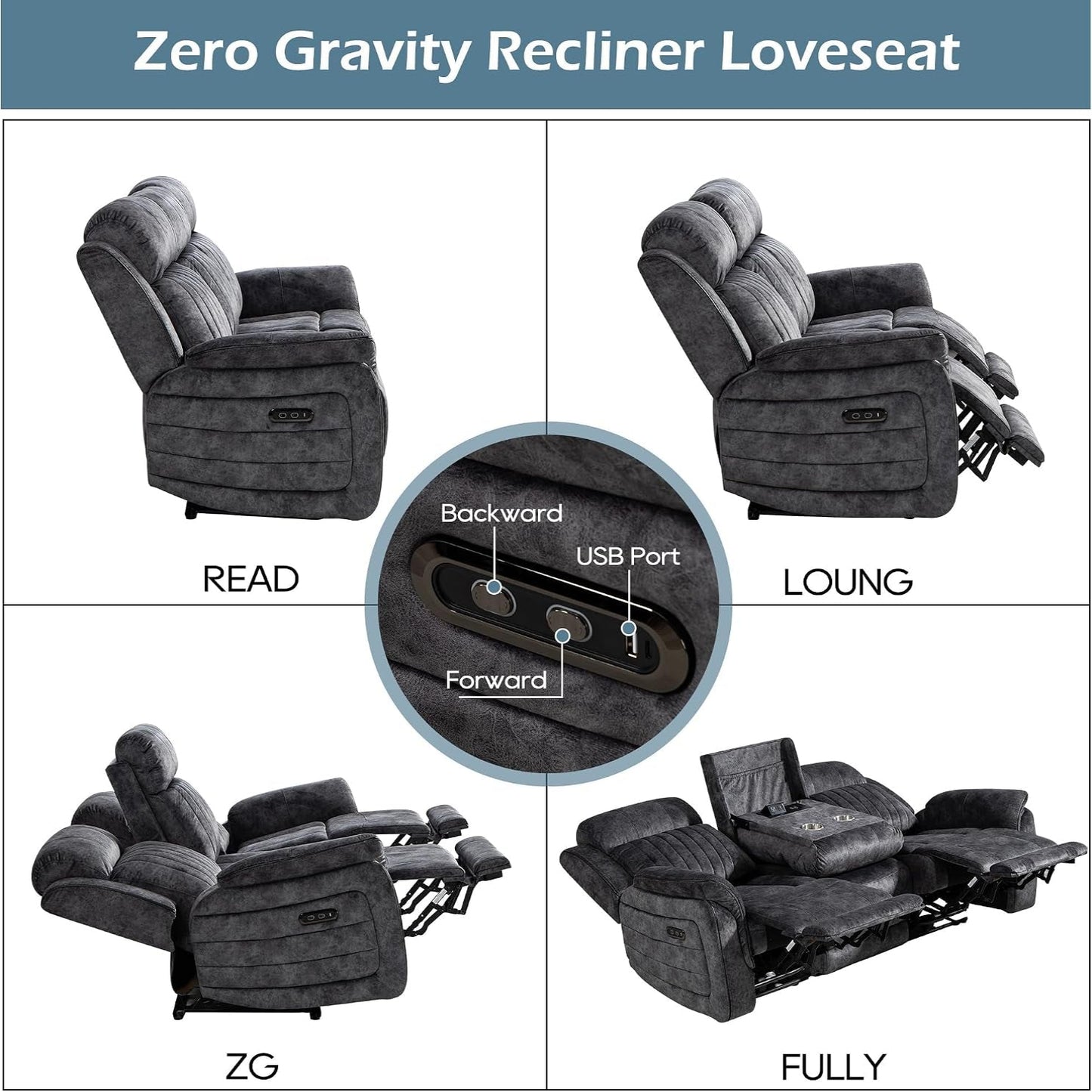 Zero Gravity Reclining Sofa Set, Power Recliner Living Room Set with Adjustable Headrest, Power Reclining Sofa and Loveseat Set with USB Port/Console/Cup Holders for Living Room(Grey)