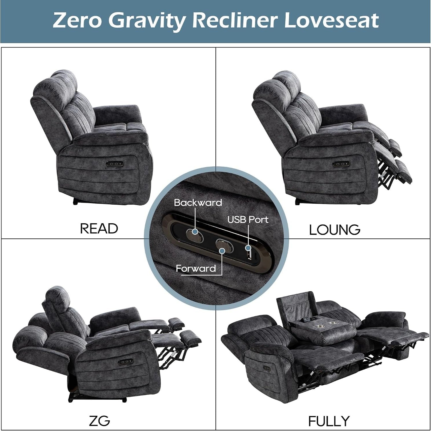 Zero Gravity Reclining Sofa Set, Power Recliner Living Room Set with Adjustable Headrest, Power Reclining Sofa and Loveseat Set with USB Port/Console/Cup Holders for Living Room(Grey)
