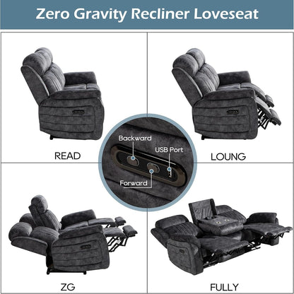 Zero Gravity Reclining Sofa Set, Power Recliner Living Room Set with Adjustable Headrest, Power Reclining Sofa and Loveseat Set with USB Port/Console/Cup Holders for Living Room(Grey)