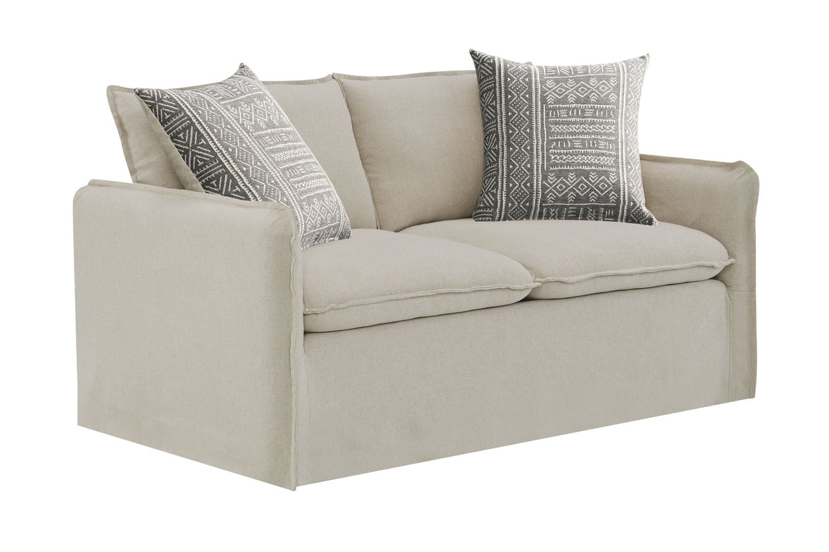 Beige Patterned Linen Sofa with Two Toss Pillows