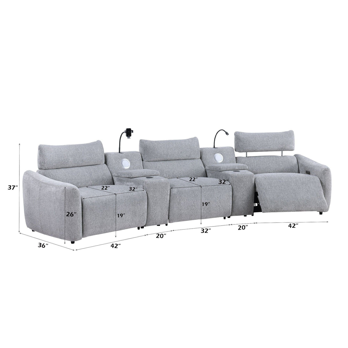 Fullar Modular Power Reclining Sectional Sofa with Console – Light Gray