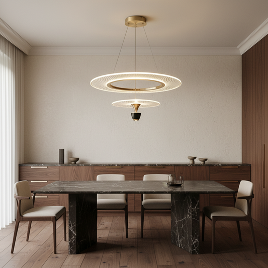 Modern villa pendant chandelier glowing above a refined walnut dining room