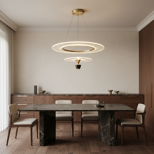 Modern villa pendant chandelier glowing above a refined walnut dining room
