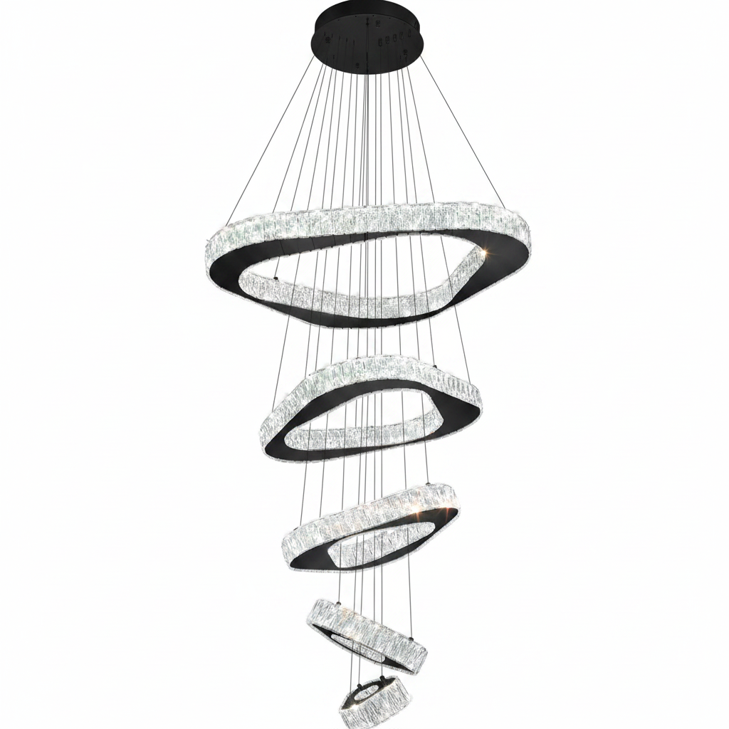Large Modern Chandelier 5 Ring Chandeliers for High Ceiling Dimmable Black Chandelier High Ceiling Foyer Chandeliers for Living Room Dining Room Staircase