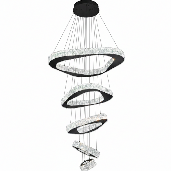 Large Modern Chandelier 5 Ring Chandeliers for High Ceiling Dimmable Black Chandelier High Ceiling Foyer Chandeliers for Living Room Dining Room Staircase